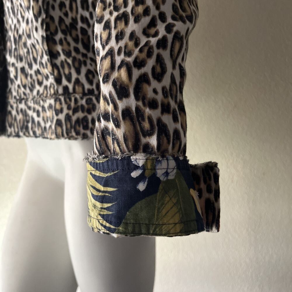 TOMMY BAHAMA TWO PALMS LAGOON LEOPARD 100% LINEN RAW EDGE FLIP CUFF JACKET Large - Picture 14 of 16